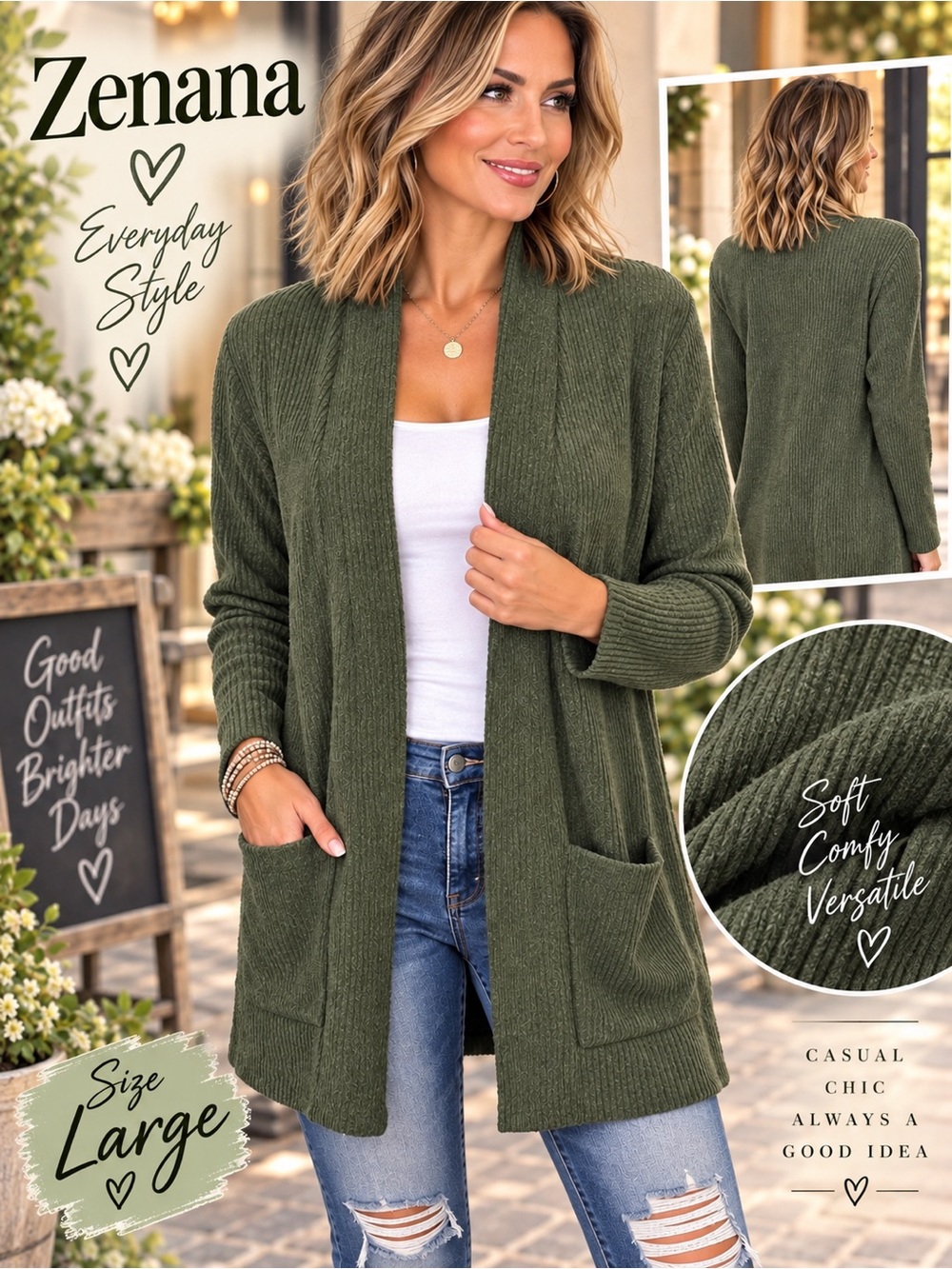 Zenana Outfitters Olive Open-Front Pocket Cardigan